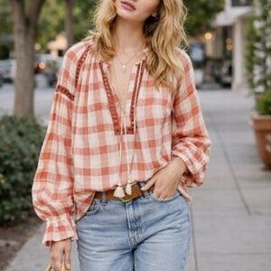 NEW Free People Honey Grove boho checkered top inset crochet lace Sz M